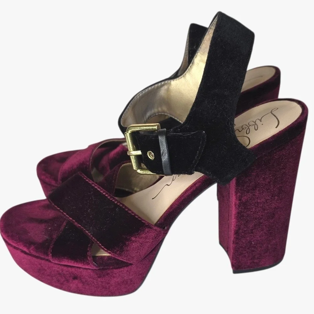 Libby Edelman Whimsigoth Velvet Platform Sandals 7.5M Marsha Burgundy Black